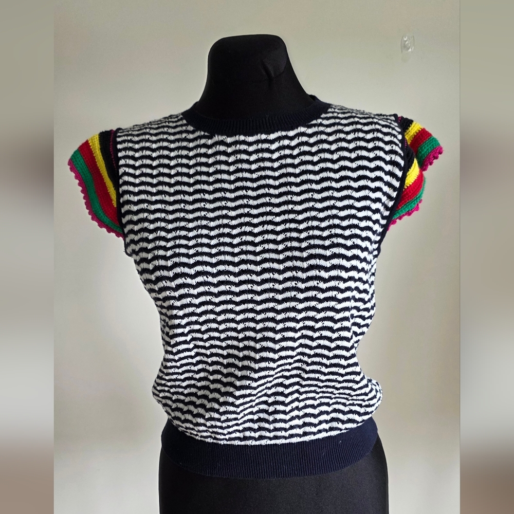 Zara Pointelle Striped Knit Top With Colorful Cap Sleeve , M